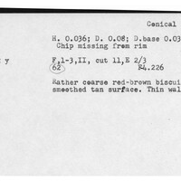 Index card with typed and handwritten information, sometimes including a sketch, of pottery from an excavation.