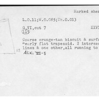 Index card with typed and handwritten information, sometimes including a sketch, of pottery from an excavation.