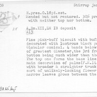 Index card with typed and handwritten information, sometimes including a sketch, of pottery from an excavation.