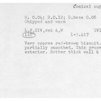 Index card with typed and handwritten information, sometimes including a sketch, of pottery from an excavation.