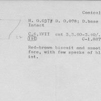 Index card with typed and handwritten information, sometimes including a sketch, of pottery from an excavation.