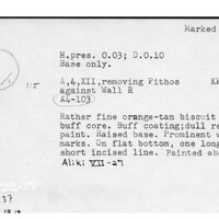 Index card with typed and handwritten information, sometimes including a sketch, of pottery from an excavation.