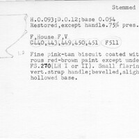 Index card with typed and handwritten information, sometimes including a sketch, of pottery from an excavation.