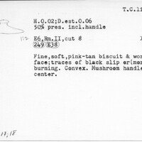 Index card with typed and handwritten information, sometimes including a sketch, of pottery from an excavation.