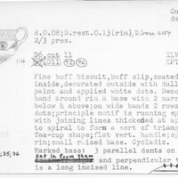 Index card with typed and handwritten information, sometimes including a sketch, of pottery from an excavation.