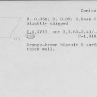 Index card with typed and handwritten information, sometimes including a sketch, of pottery from an excavation.