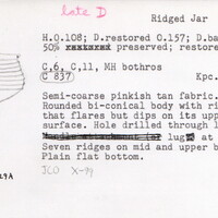 Index card with typed and handwritten information, sometimes including a sketch, of pottery from an excavation.