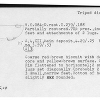 Index card with typed and handwritten information, sometimes including a sketch, of pottery from an excavation.