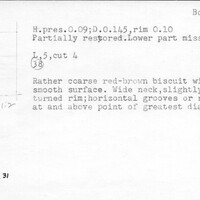 Index card with typed and handwritten information, sometimes including a sketch, of pottery from an excavation.