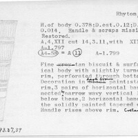 Index card with typed and handwritten information, sometimes including a sketch, of pottery from an excavation.