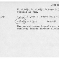 Index card with typed and handwritten information, sometimes including a sketch, of pottery from an excavation.