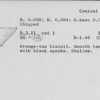 Index card with typed and handwritten information, sometimes including a sketch, of pottery from an excavation.