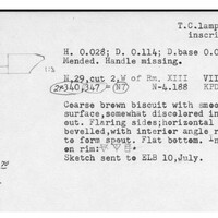 Index card with typed and handwritten information, sometimes including a sketch, of pottery from an excavation.