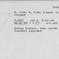 Index card with typed and handwritten information, sometimes including a sketch, of pottery from an excavation.