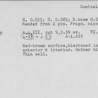 Index card with typed and handwritten information, sometimes including a sketch, of pottery from an excavation.