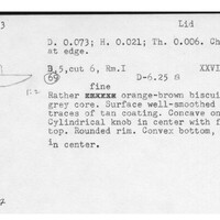Index card with typed and handwritten information, sometimes including a sketch, of pottery from an excavation.