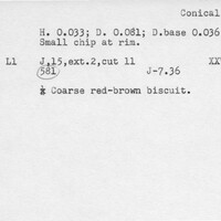 Index card with typed and handwritten information, sometimes including a sketch, of pottery from an excavation.