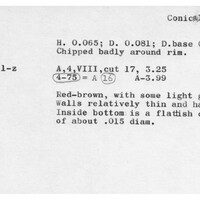 Index card with typed and handwritten information, sometimes including a sketch, of pottery from an excavation.