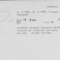 Index card with typed and handwritten information, sometimes including a sketch, of pottery from an excavation.