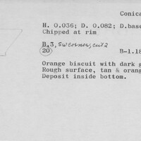 Index card with typed and handwritten information, sometimes including a sketch, of pottery from an excavation.