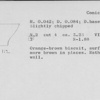 Index card with typed and handwritten information, sometimes including a sketch, of pottery from an excavation.