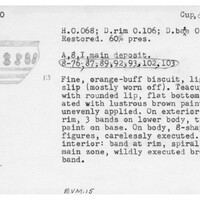 Index card with typed and handwritten information, sometimes including a sketch, of pottery from an excavation.
