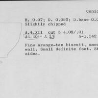 Index card with typed and handwritten information, sometimes including a sketch, of pottery from an excavation.