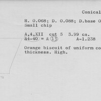 Index card with typed and handwritten information, sometimes including a sketch, of pottery from an excavation.
