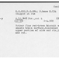 Index card with typed and handwritten information, sometimes including a sketch, of pottery from an excavation.