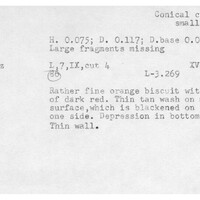 Index card with typed and handwritten information, sometimes including a sketch, of pottery from an excavation.