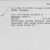 Index card with typed and handwritten information, sometimes including a sketch, of pottery from an excavation.
