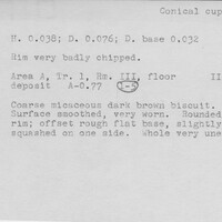 Index card with typed and handwritten information, sometimes including a sketch, of pottery from an excavation.