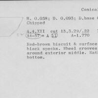 Index card with typed and handwritten information, sometimes including a sketch, of pottery from an excavation.