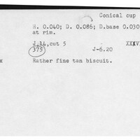 Index card with typed and handwritten information, sometimes including a sketch, of pottery from an excavation.