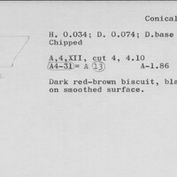 Index card with typed and handwritten information, sometimes including a sketch, of pottery from an excavation.