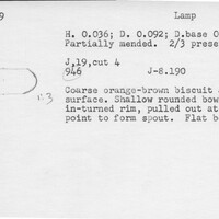 Index card with typed and handwritten information, sometimes including a sketch, of pottery from an excavation.