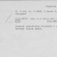 Index card with typed and handwritten information, sometimes including a sketch, of pottery from an excavation.