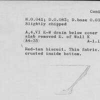 Index card with typed and handwritten information, sometimes including a sketch, of pottery from an excavation.