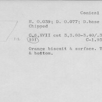 Index card with typed and handwritten information, sometimes including a sketch, of pottery from an excavation.