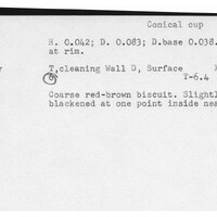 Index card with typed and handwritten information, sometimes including a sketch, of pottery from an excavation.
