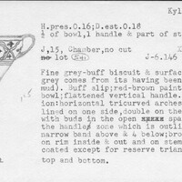 Index card with typed and handwritten information, sometimes including a sketch, of pottery from an excavation.