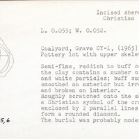 Index card with typed and handwritten information, sometimes including a sketch, of pottery from an excavation.