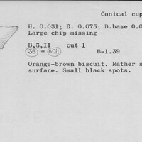 Index card with typed and handwritten information, sometimes including a sketch, of pottery from an excavation.