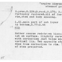 Index card with typed and handwritten information, sometimes including a sketch, of pottery from an excavation.