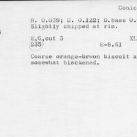 Index card with typed and handwritten information, sometimes including a sketch, of pottery from an excavation.