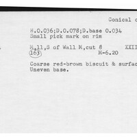 Index card with typed and handwritten information, sometimes including a sketch, of pottery from an excavation.