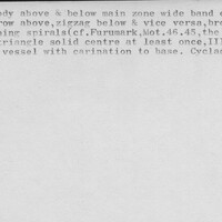 Index card with typed and handwritten information, sometimes including a sketch, of pottery from an excavation.