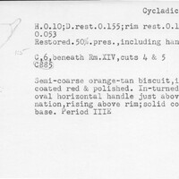Index card with typed and handwritten information, sometimes including a sketch, of pottery from an excavation.