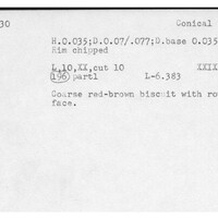 Index card with typed and handwritten information, sometimes including a sketch, of pottery from an excavation.
