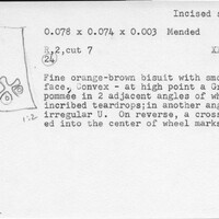 Index card with typed and handwritten information, sometimes including a sketch, of pottery from an excavation.
